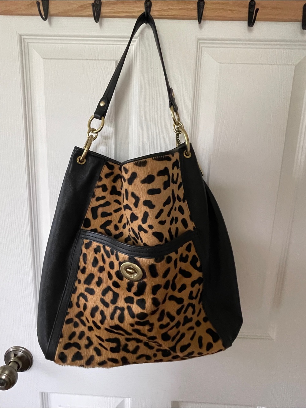Coach Leopard-Print Shoulder Bag with Black Trim and Gold Hardware